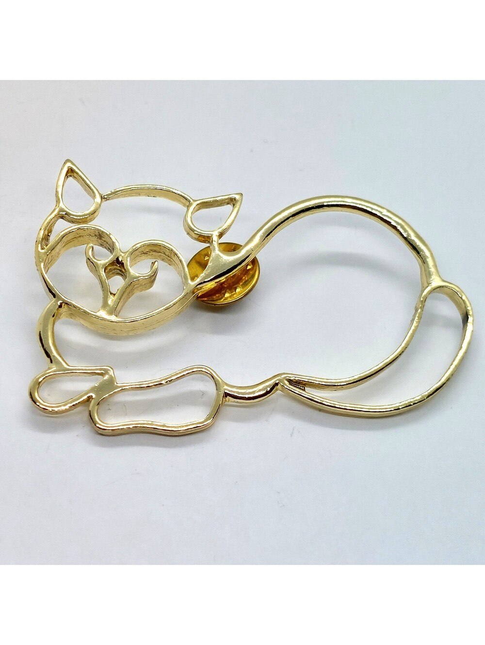 Vintage Cat Outline Pin Brass Tone Wire Minimalist Kitty Feline Abstract Lapel